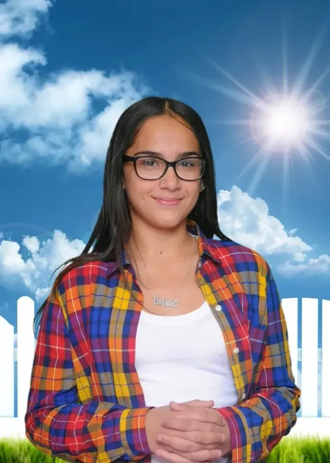 Girl with glasses and plaid shirt, standing in front of a white fence, blue sky, and sun.