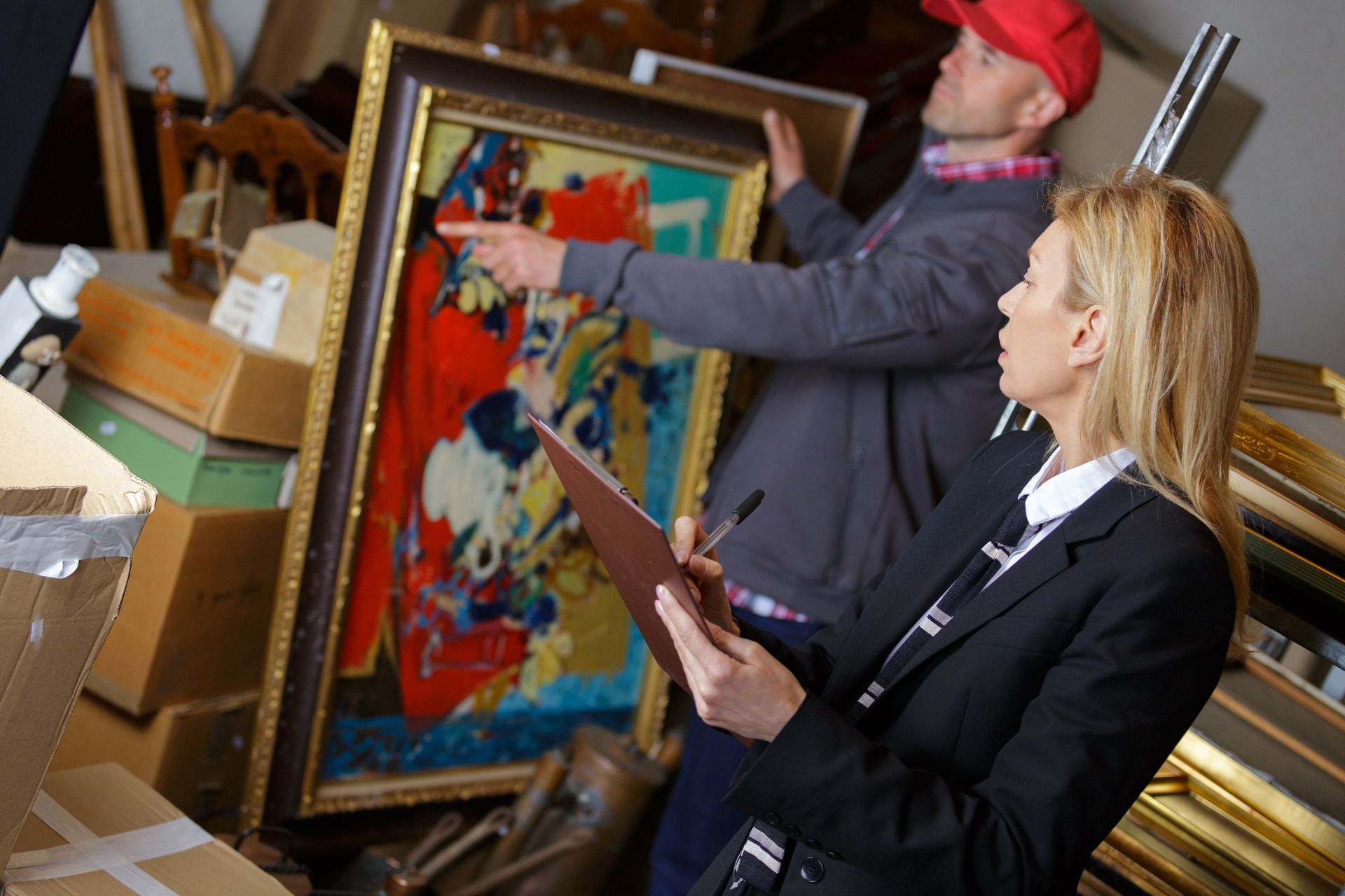 Two people inspecting and handling a large framed 