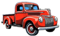 Red vintage pickup truck illustration with black fenders and chrome grille, shown in side view.