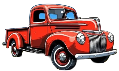 Red vintage pickup truck illustration with black fenders and chrome grille, shown in side view.