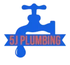 Blue faucet logo with a water droplet, featuring the text "5J PLUMBING" in reddish-brown on a blue banner.