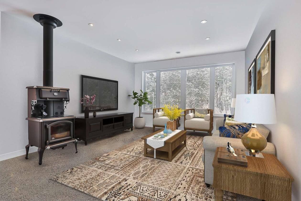 Salon avec meuble TV en bois foncé, cheminée, tapis et fenêtre donnant sur les arbres.