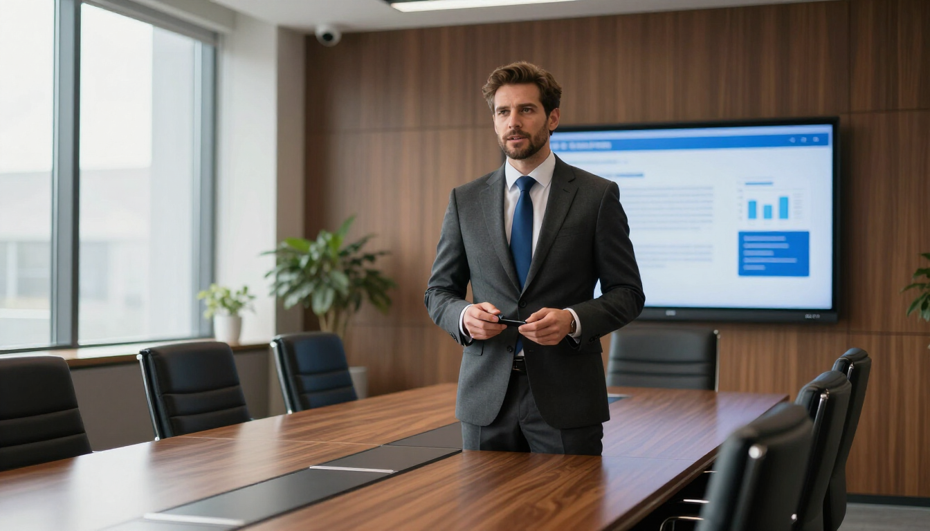 CEO liderando una presentación corporativa profesional
