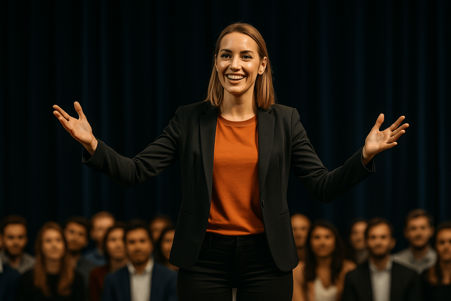 Mujer dando un discurso con los brazos levantados, sonriendo, frente a una audiencia.