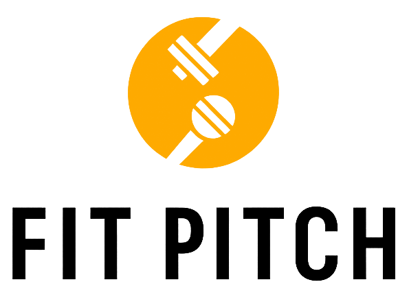 Logotipo para Fit Pitch: círculo amarillo con diseño de mancuerna/micrófono blanco, texto negro 
