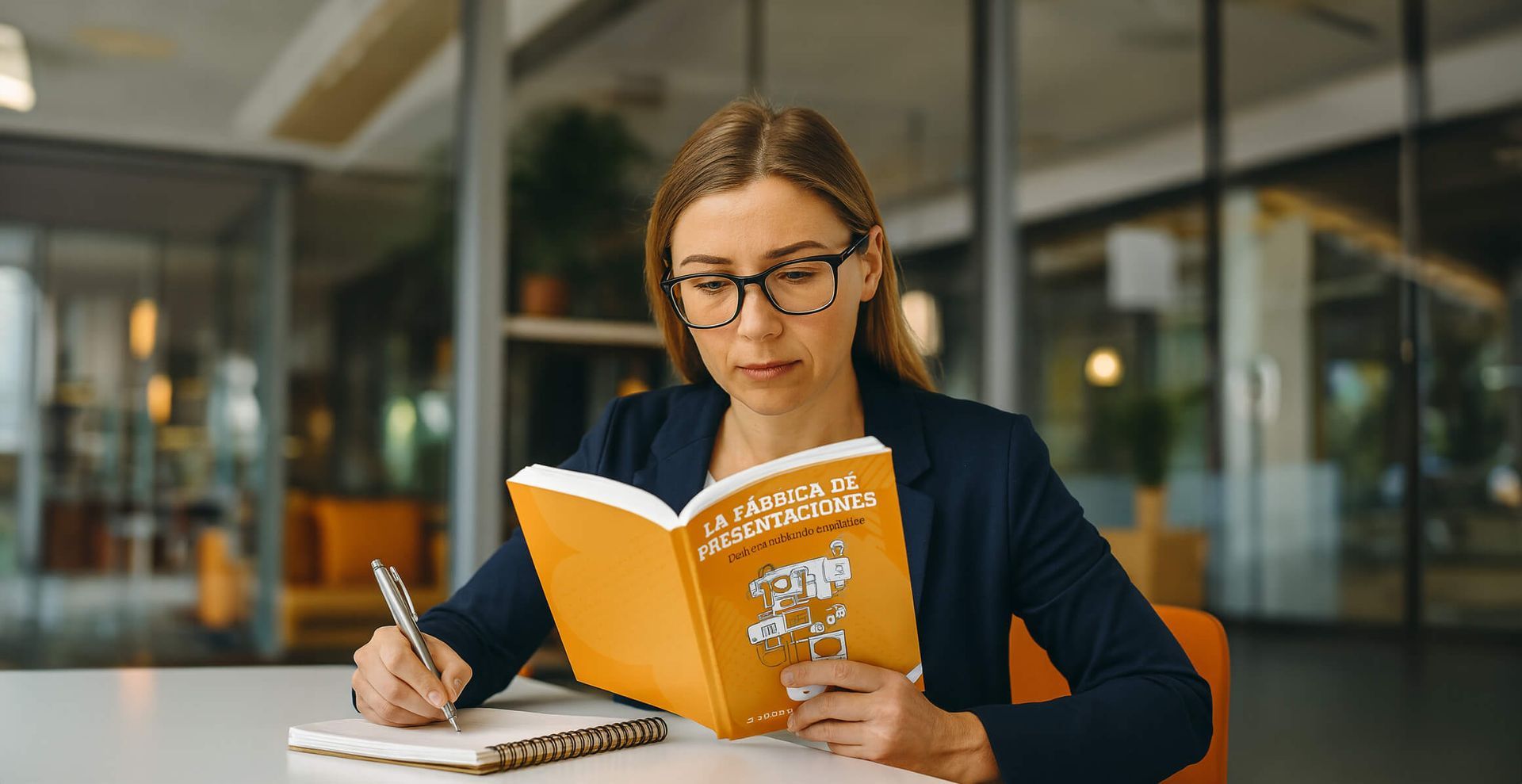 Mujer con gafas leyendo un libro y tomando notas en una mesa en un entorno de oficina.