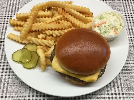 Cheeseburger and Fries on Restaurant Table — Milwaukee, WI — Gold Rush Chicken