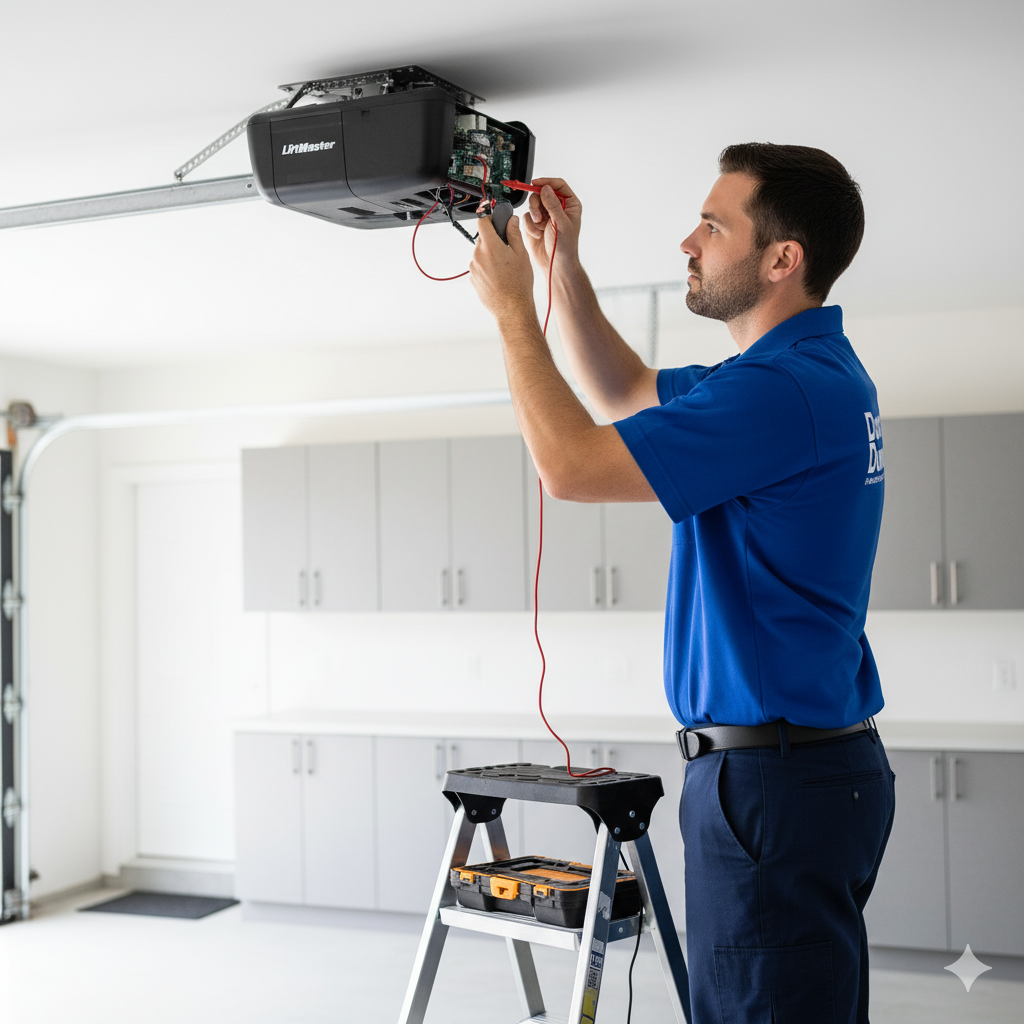 A man in a blue shirt repairs a garage door opener while standing on a step ladder in a garage.