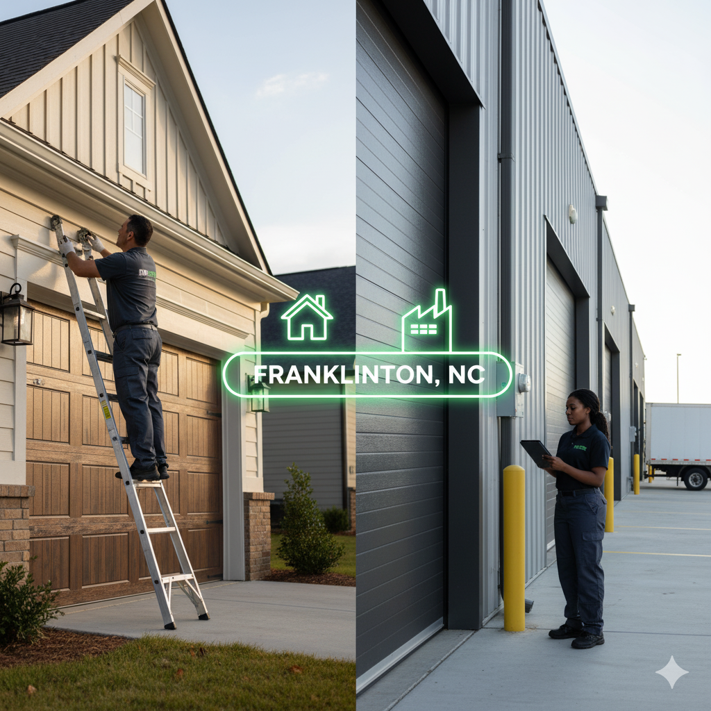 Man on ladder fixing house exterior; woman inspecting warehouse in Franklinton, NC.