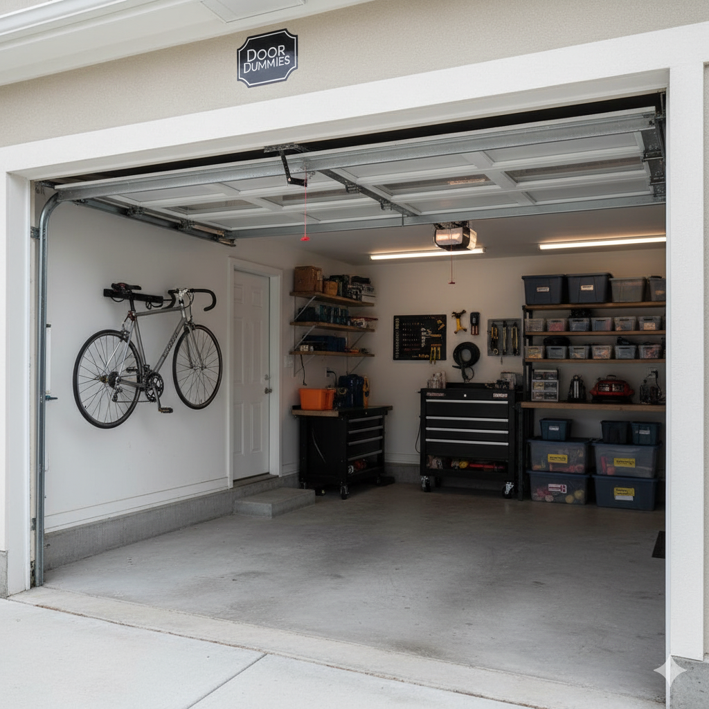 Open garage with bike, tools, and storage.