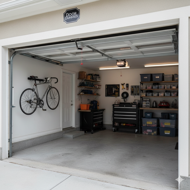 Open garage with bike, tools, and storage.