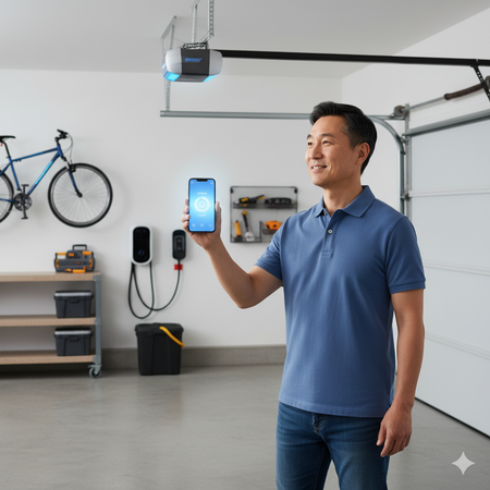 Man in garage using smartphone to control the garage door opener.