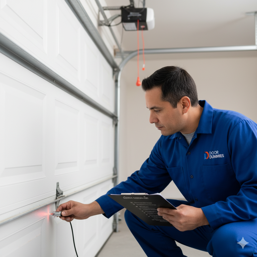Garage door technician in blue overalls testing a white garage door with a laser, holding a clipboard.
