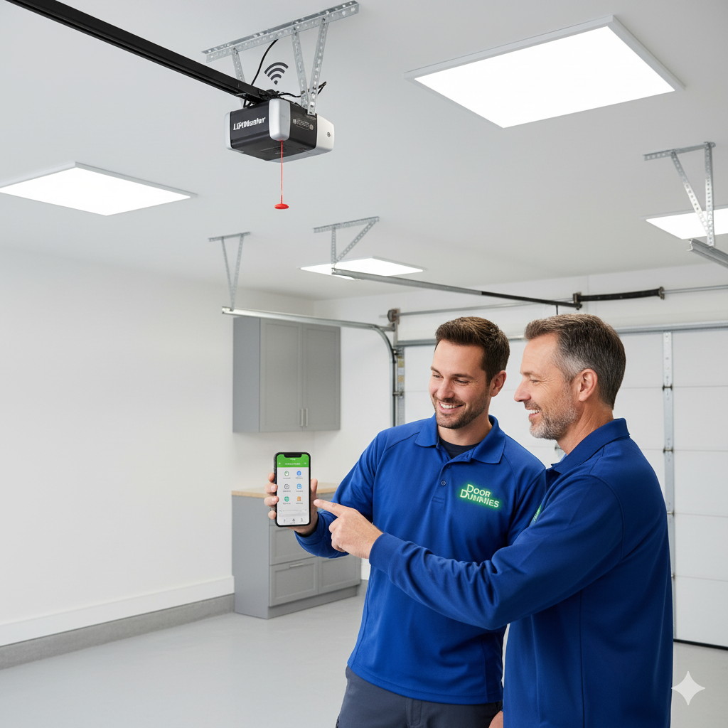 Two men in blue shirts in a garage looking at a phone, pointing at the screen, with a garage door opener above.