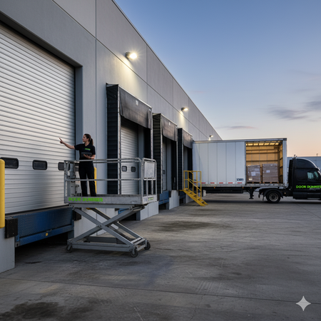 Person on lift near a warehouse loading dock, next to a truck with open doors at dusk.