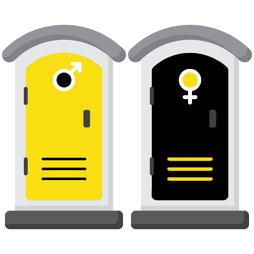 A man and a woman are standing next to each other in a portable toilet.