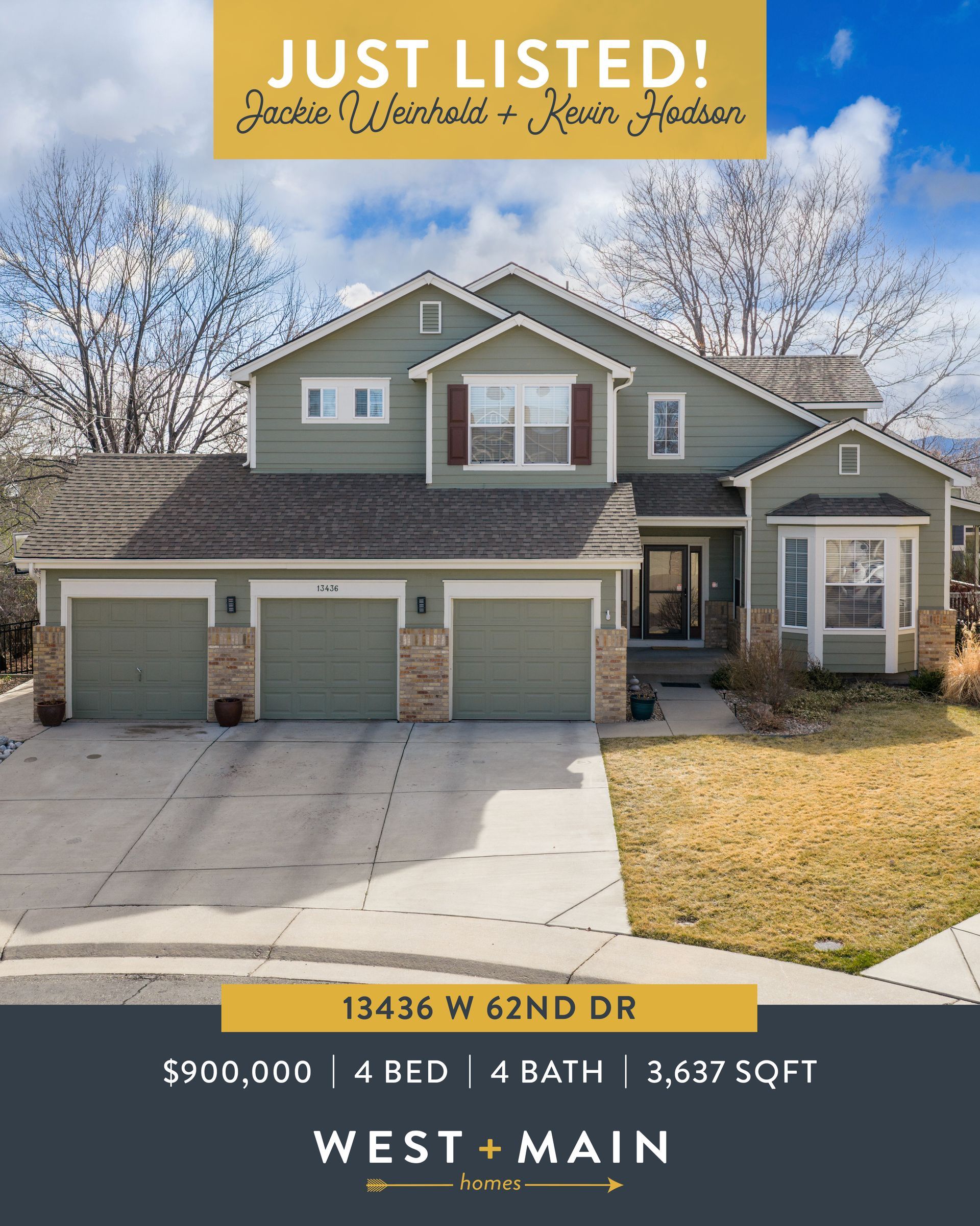 Real estate listing for a two-story green house with a three-car garage; 