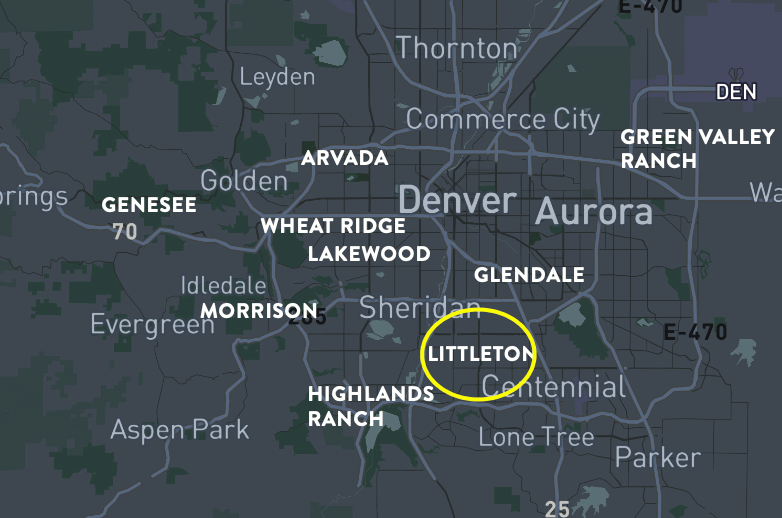 Map of Denver, Colorado, showing the city of Littleton highlighted in yellow.