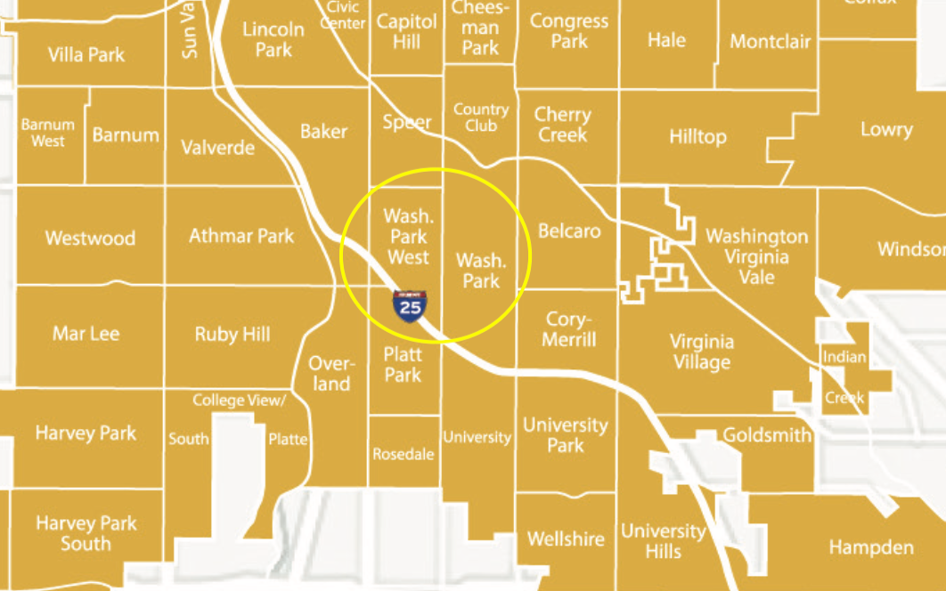 Map of Denver neighborhoods, with a yellow circle highlighting the Wash Park West and Wash Park areas.