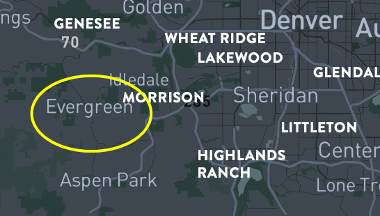 Map of Denver area, highlighting Evergreen with a yellow circle.