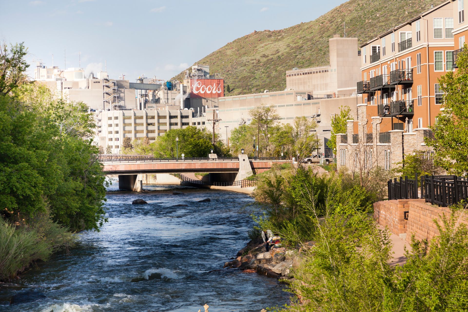 River flowing through a city with buildings and a bridge; trees in the foreground, mountain in the background.