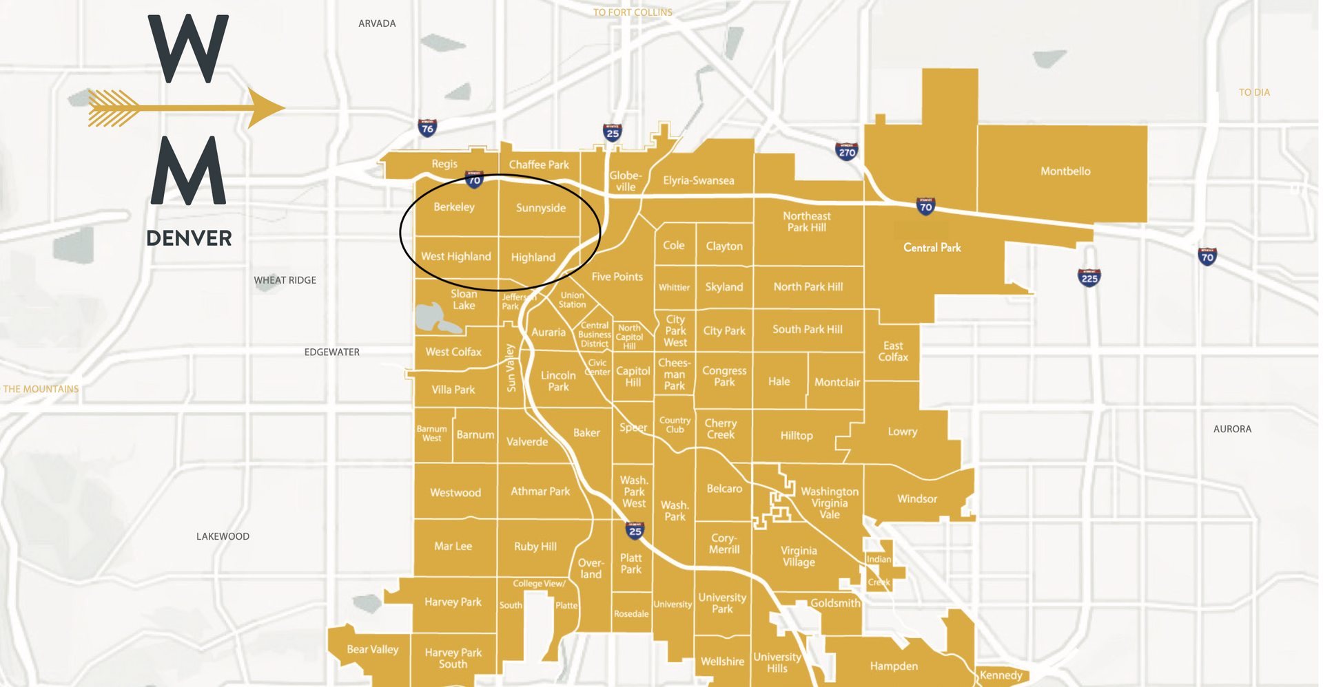 Map with a golden overlay, a circle highlighting a section of the city. A