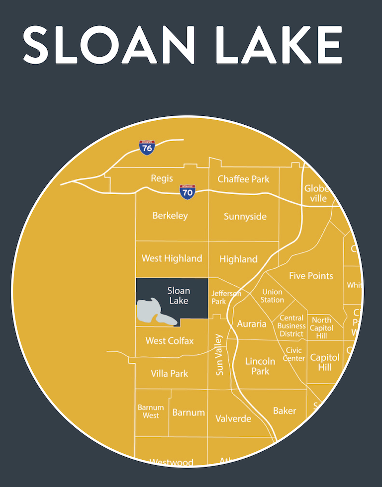 Map highlighting Sloan Lake within a golden circle, surrounded by neighborhood names and roads.