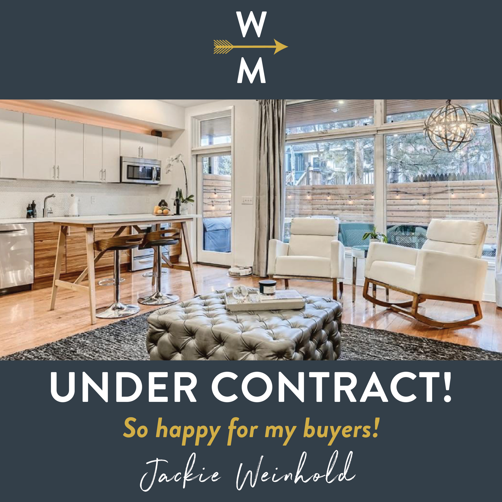 Living room with white chairs and a tufted ottoman, with text