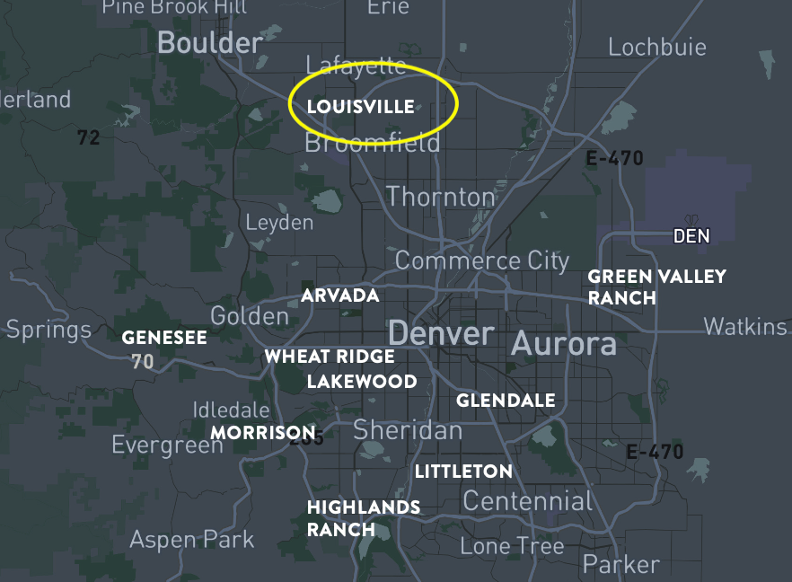 Map of the Denver metropolitan area, highlighting Louisville, Colorado.