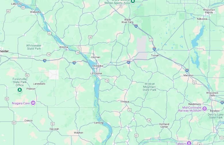 A map of the united states showing a river , mountains , and roads.