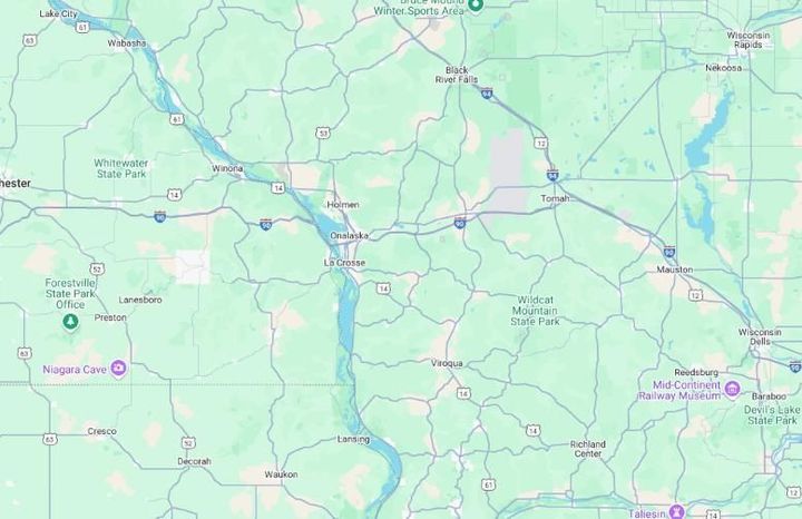 A map of the united states showing a river , mountains , and roads.