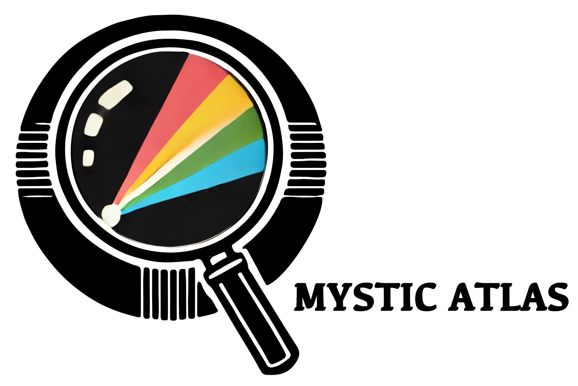 The logo for mystic atlas shows a magnifying glass with a rainbow in it.