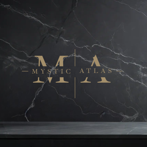 Logo for Mystic Atlas in gold text, against a dark soapstone background.