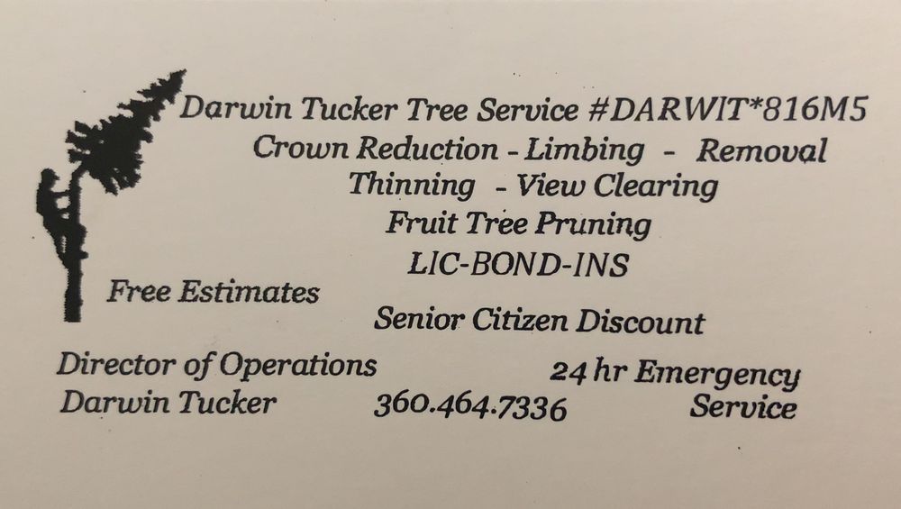 Business card for Darwin Tucker Tree Service, offering tree services. Includes phone number and senior discount.