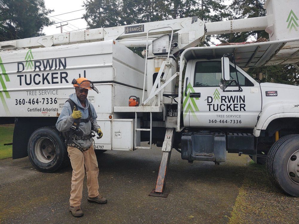 A tree service worker in safety gear stands near a white Darwin Tucker truck with the crane extended.