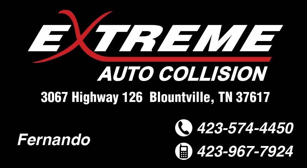 Extreme Auto Collision business card with address 3067 Highway 126, Blountville, TN 37617 and phone numbers 423-574-4450.