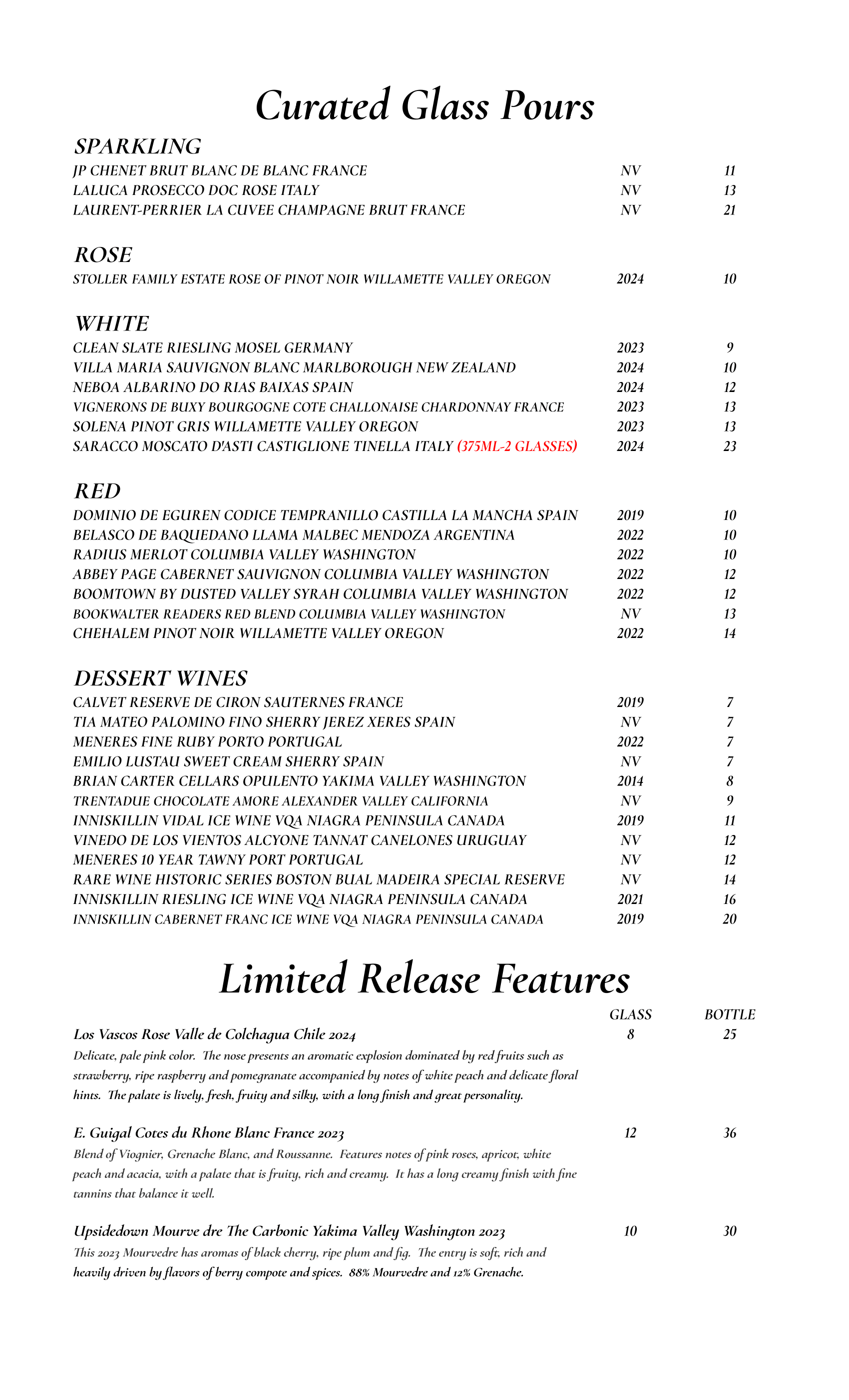 Front Street Grill Fall Wine List