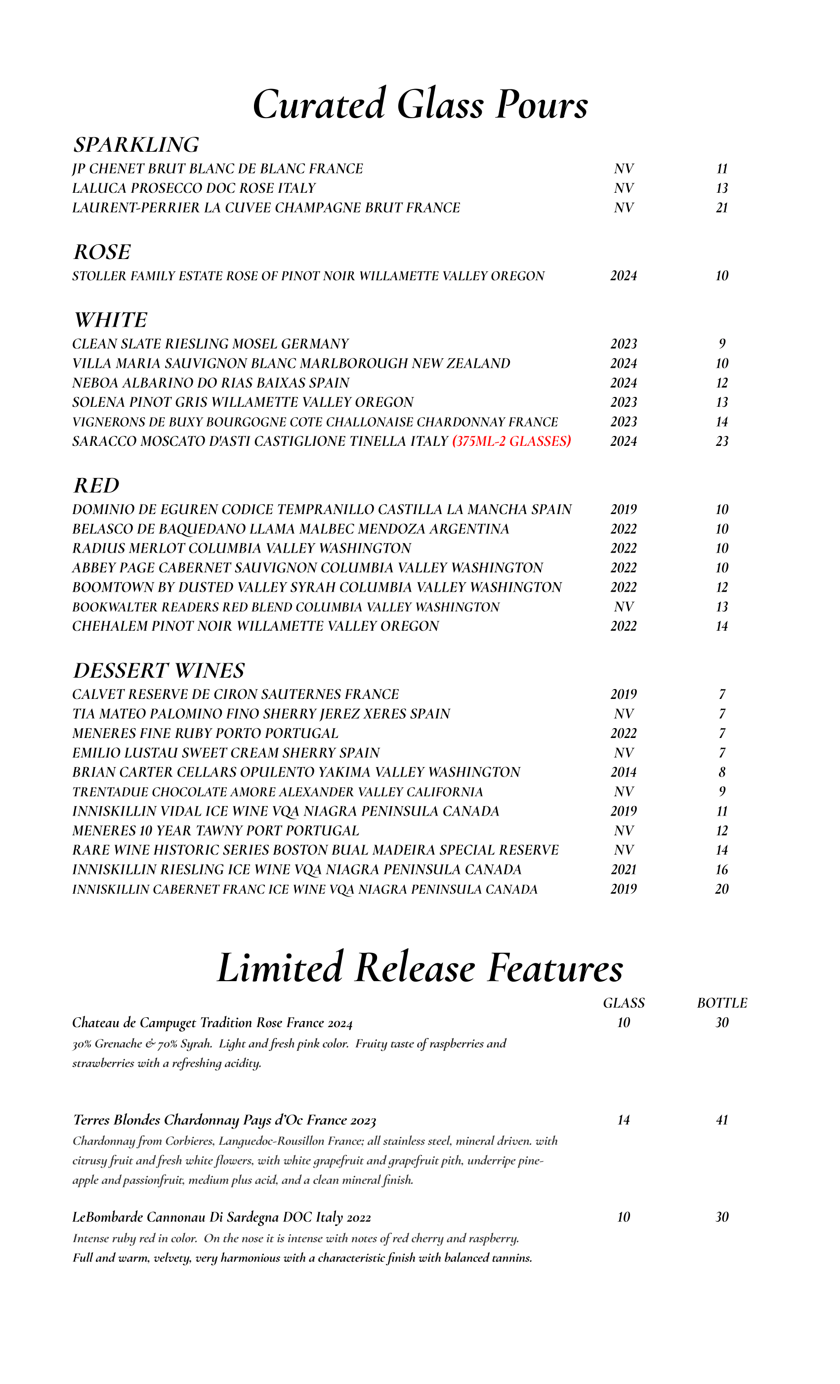 Front Street Grill Fall Wine List