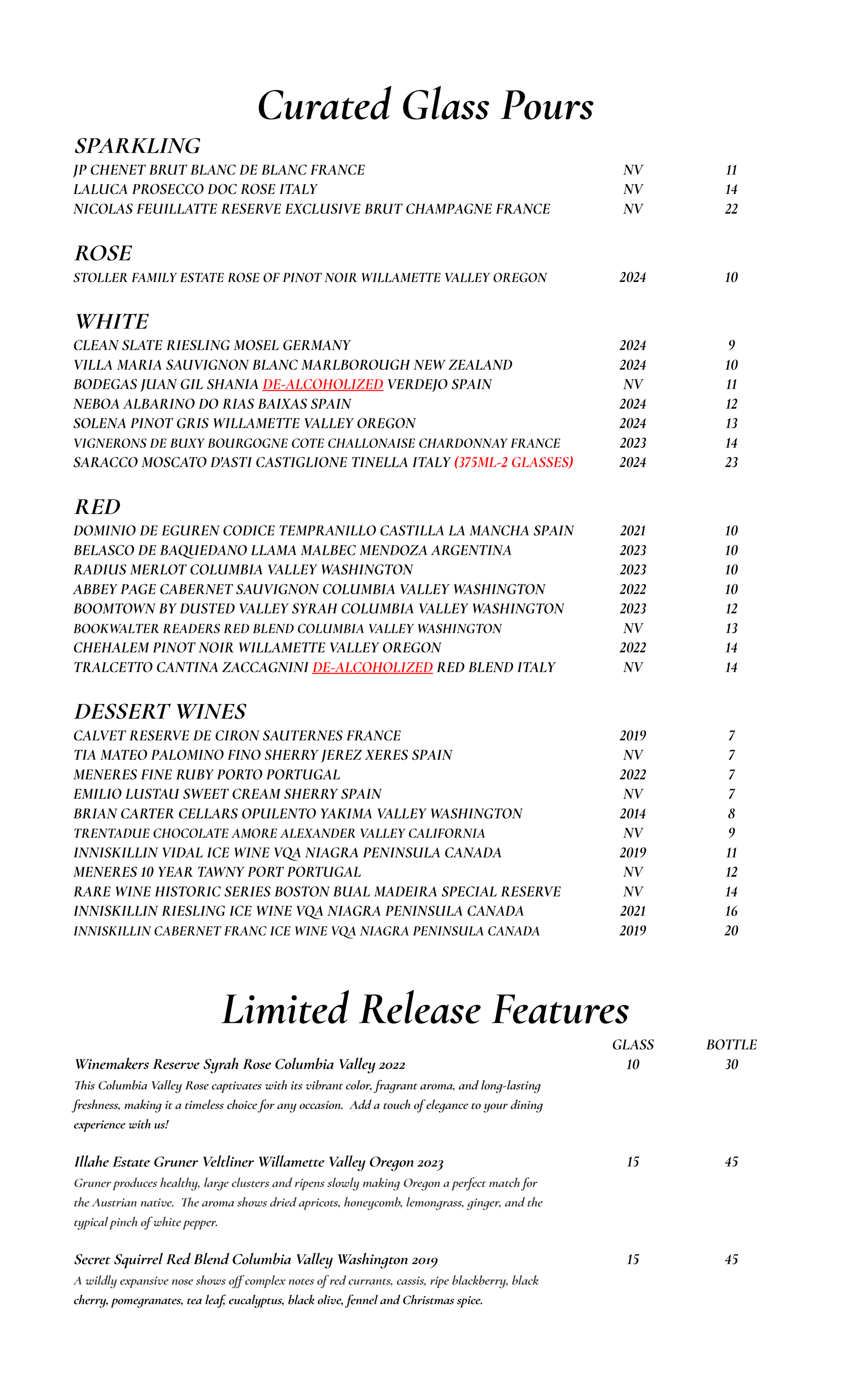 Front Street Grill Fall Wine List