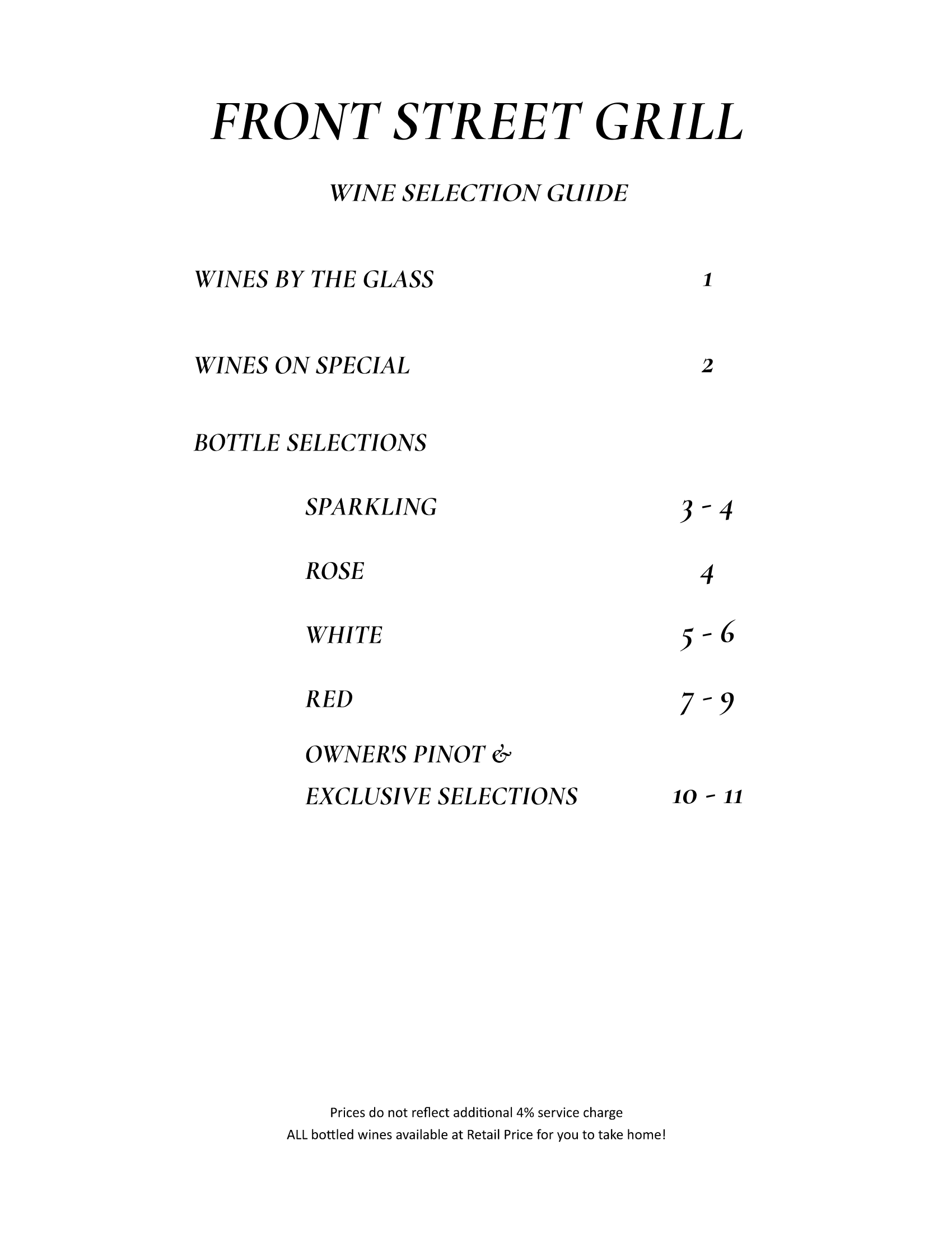 Front Street Grill Fall Wine List