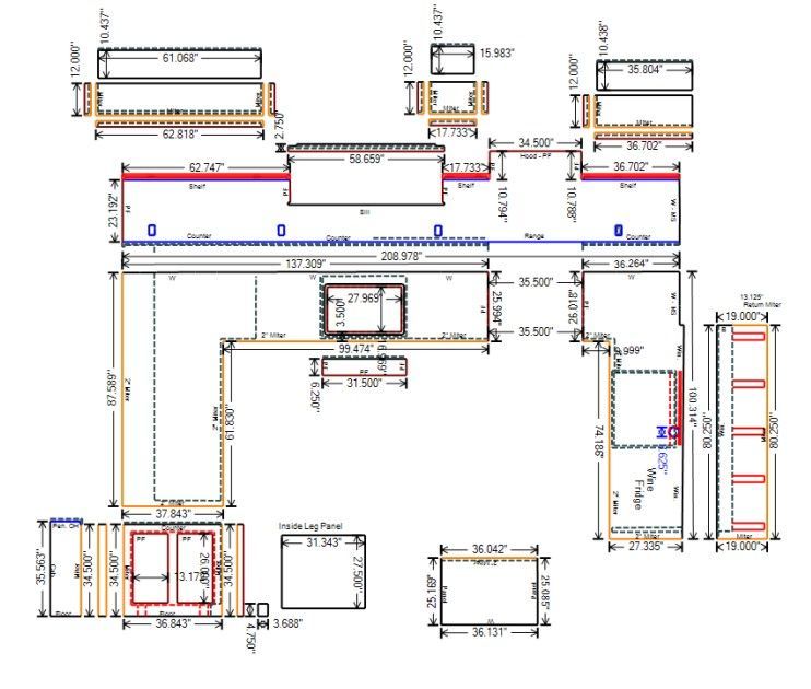 A drawing of a building with a lot of measurements on it