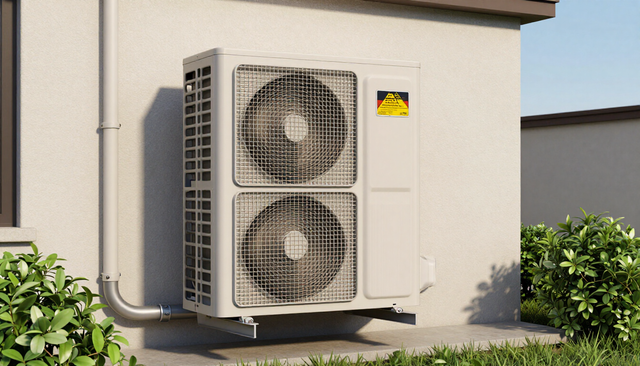 Outdoor HVAC heat pump unit beside a building wall with a yellow warning label