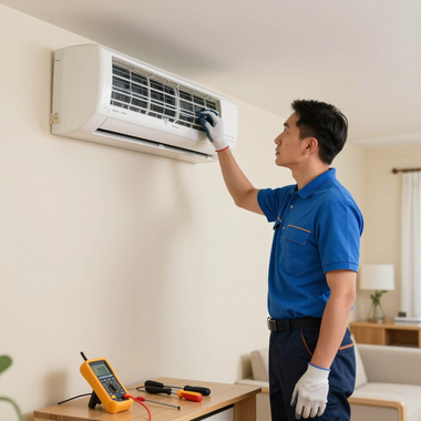 Technician in blue uniform cleaning an air conditioner indoors with tools on a table
