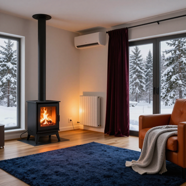 Cozy living room with a lit wood stove, blue rug, leather chair, and snowy windows