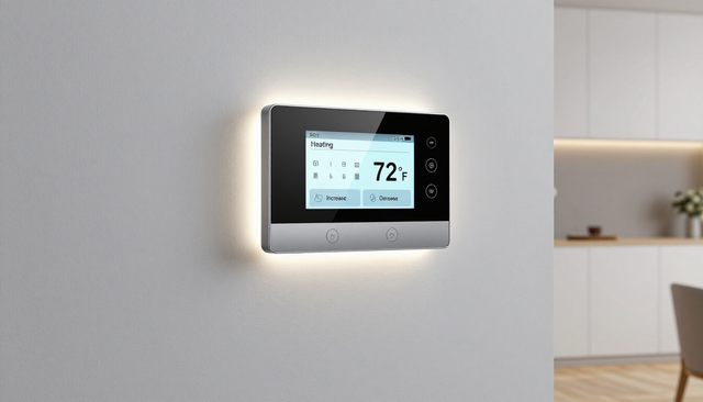 Wall-mounted digital thermostat on a gray wall, showing 72°F beside a softly lit kitchen.