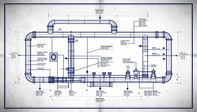 Blueprint of a long rectangular floor plan with measurements and labeled interior sections.