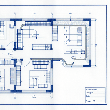 Blue architectural floor plan drawing with labeled rooms and measurements on a white background