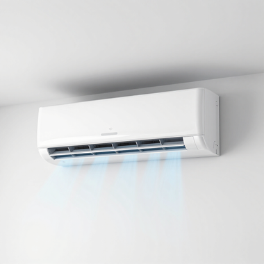 Wall-mounted white air conditioner blowing cool air in a white room