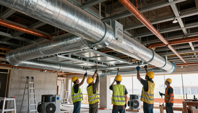 Construction workers in hard hats installing overhead ductwork in an unfinished building interior