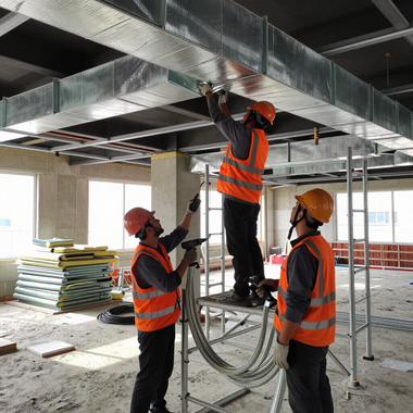 Three construction workers in orange vests install ceiling ductwork on a scaffold.